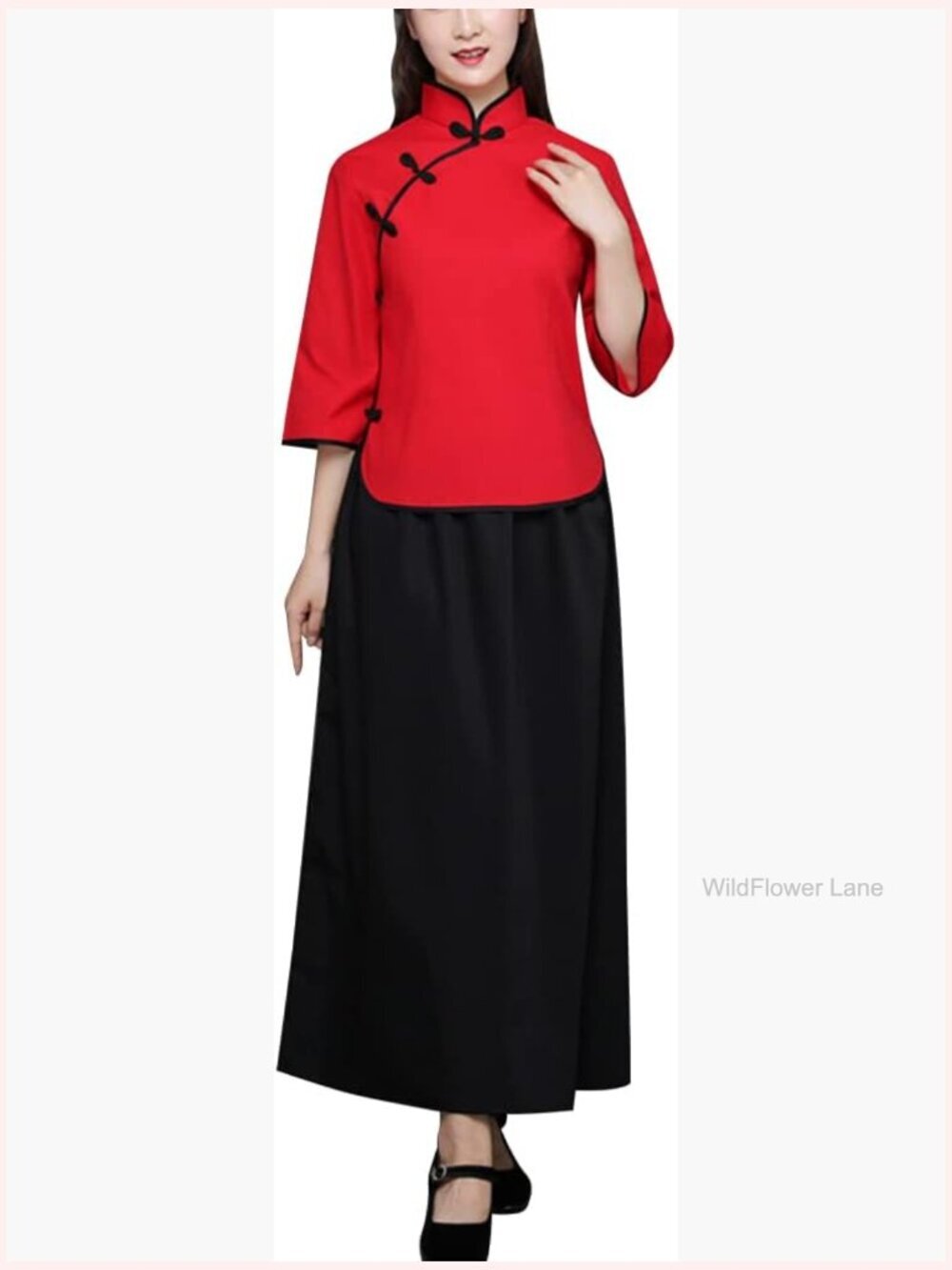 Vintage Chinese Blouse and Skirt Set 3/4 Sleeve Mandarin Collar Top